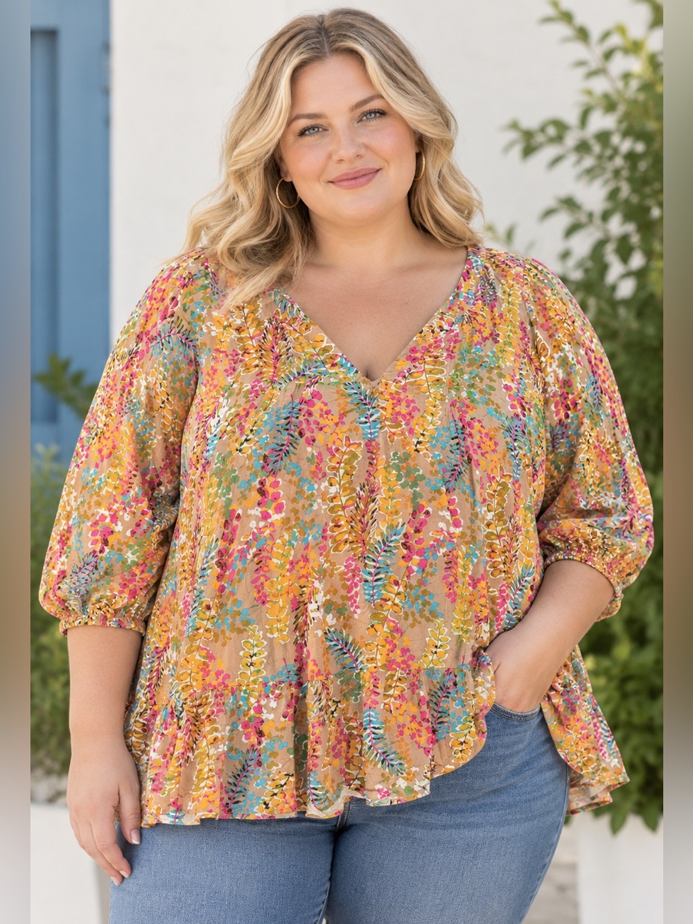 Chicsoul Sz 1X Multicolor Floral V-Neck Peasant Top Tiered Hem